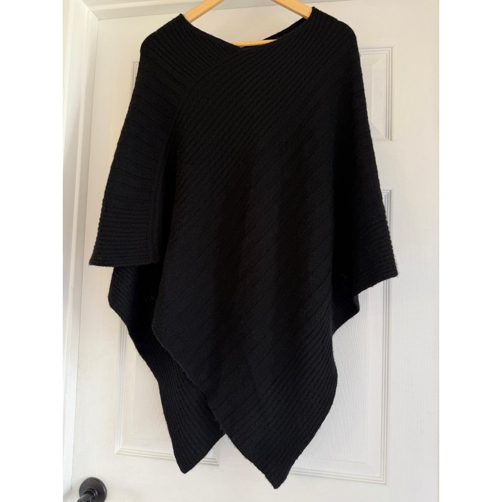 Beryll Black 100% Cashmere Ribbed Knit Poncho Wrap Made in USA OS Reg Price $490
